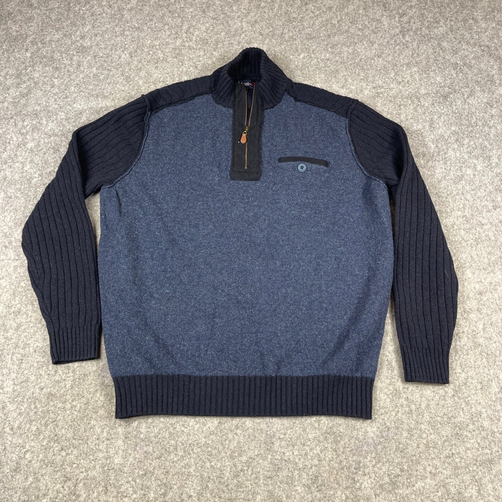 Johnnie-O Mens Wool Quarter Zip Sweater Blue Ribbed Sleeve Large L